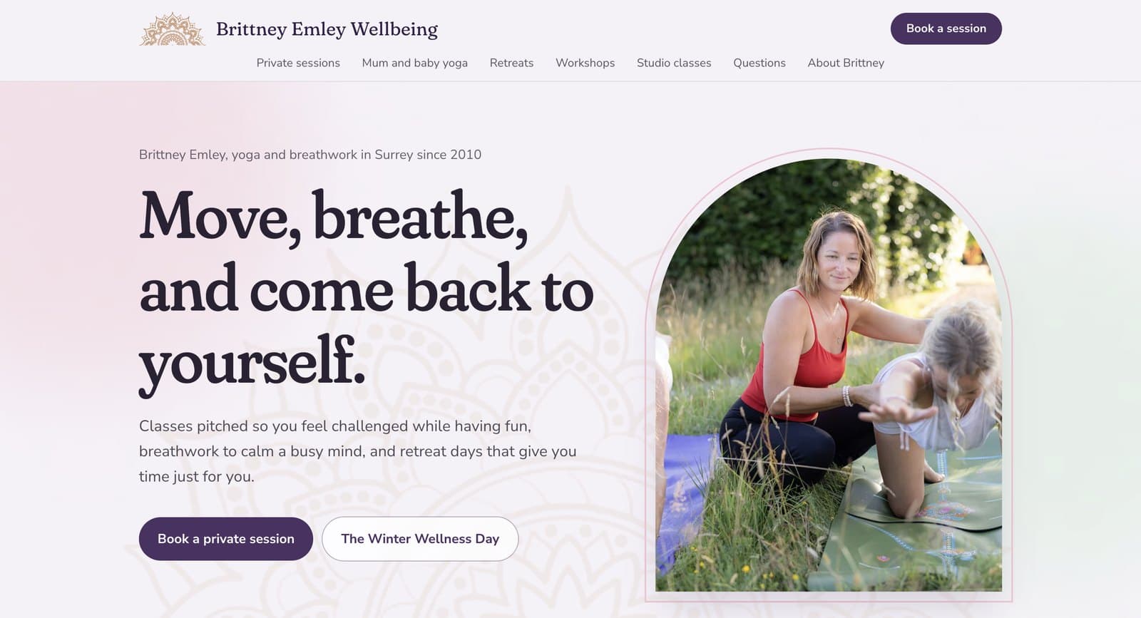 The home page of Brittney Emley Wellbeing, with a photo of Brittney teaching yoga outdoors