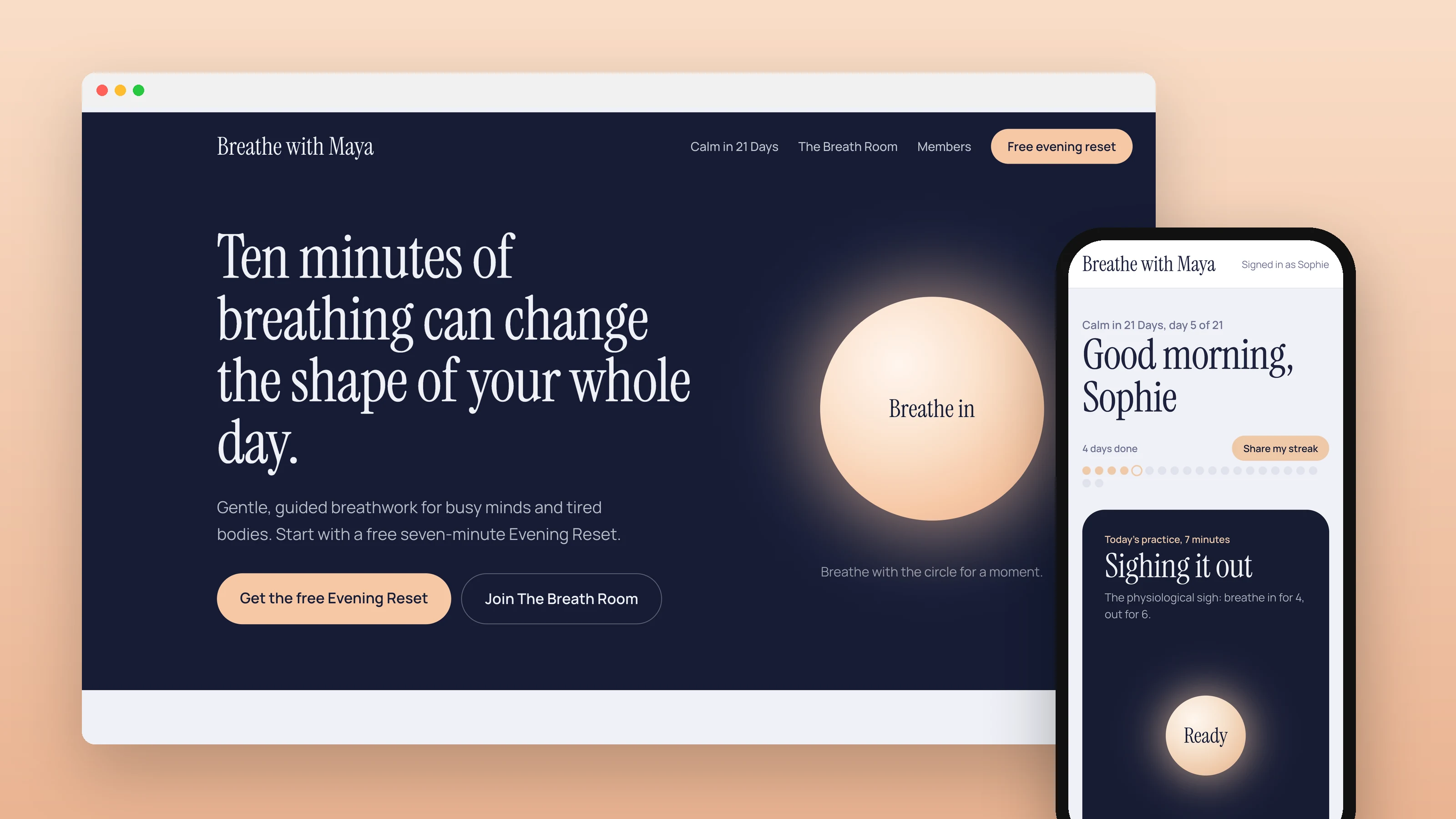 A dark blue home page with a glowing breathing circle that says Breathe in, beside the words Ten minutes of breathing can change the shape of your whole day