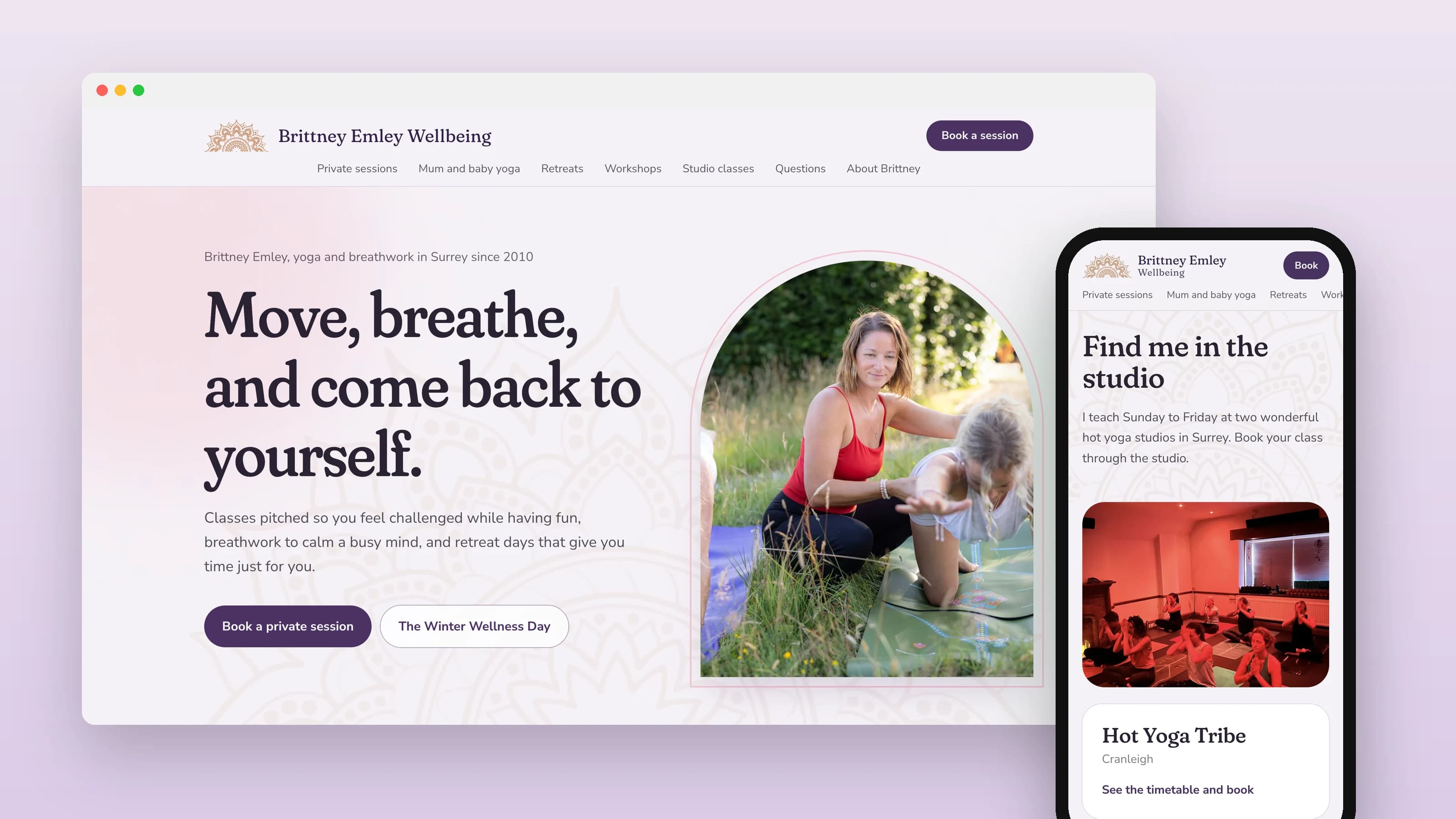 The home page of Brittney Emley Wellbeing, with a photo of Brittney teaching yoga outdoors