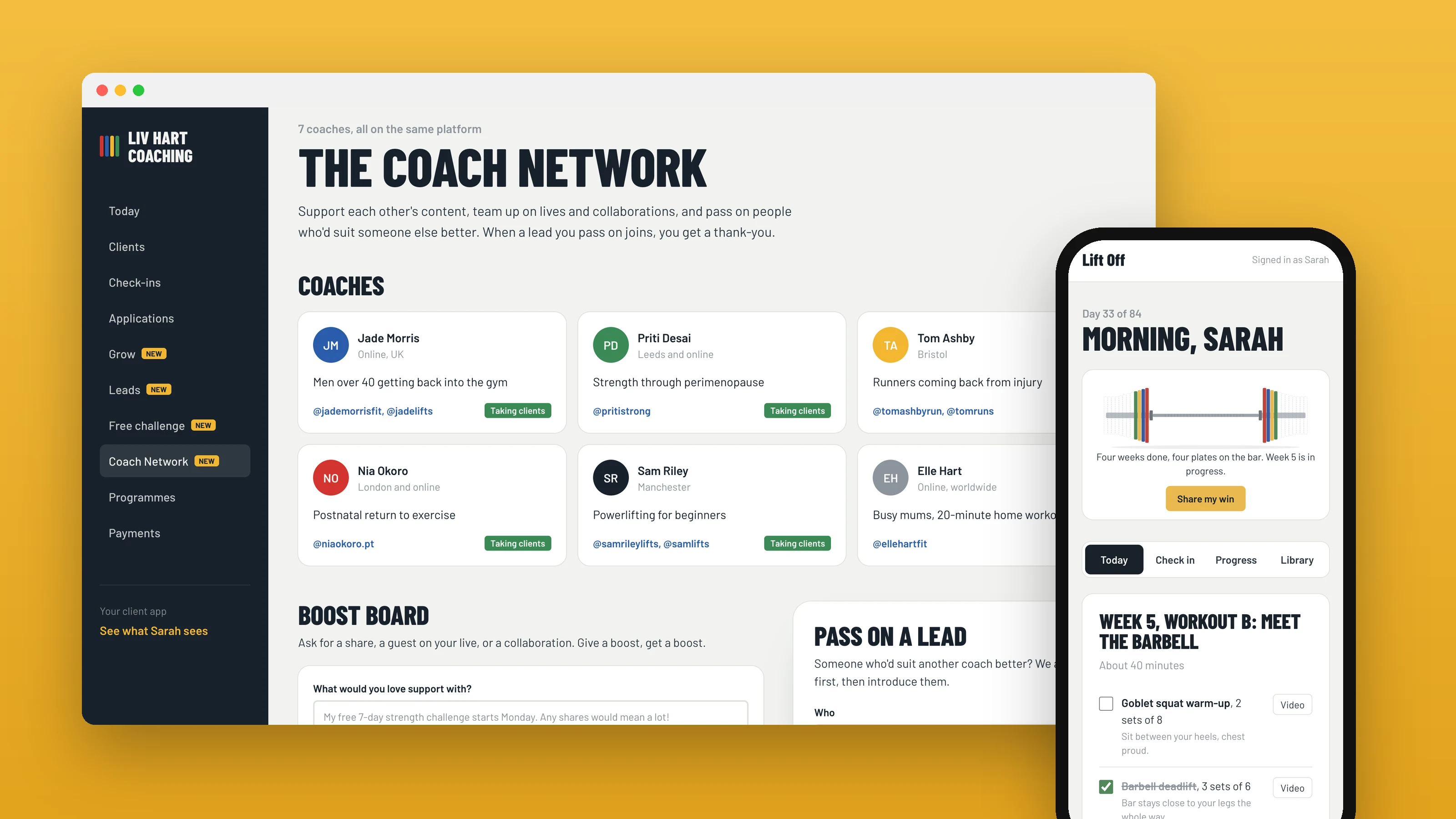 Three phone screens from Liv Hart Coaching: the home page with a colourful barbell, a day's workout in the client app with a voice note, and the twelve-week programme